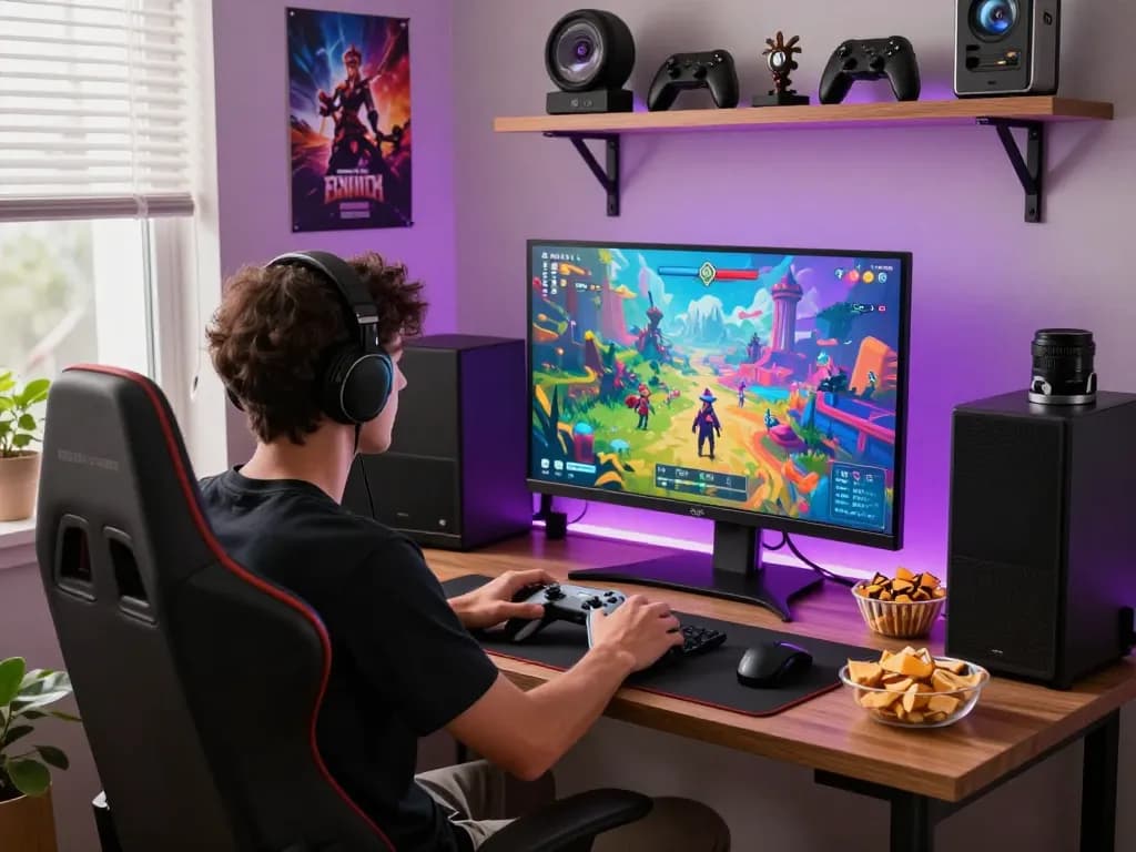 Engaged player enjoying an adult game on a cozy gaming setup.
