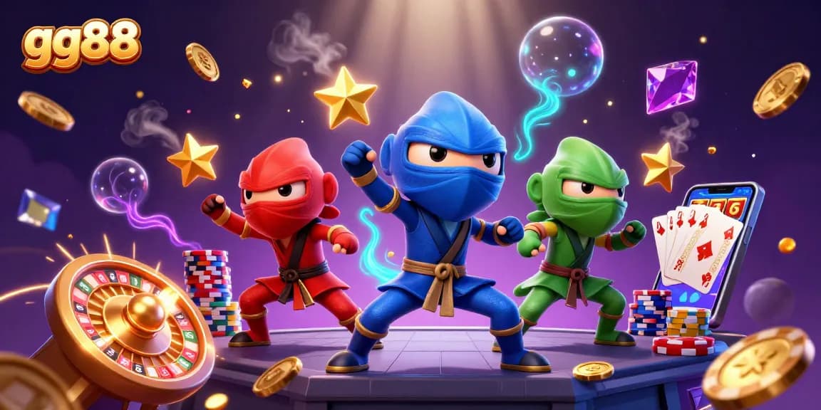 Engage with gg88's lively casino experience featuring ninja chameleons amidst golden coins and vibrant game elements.