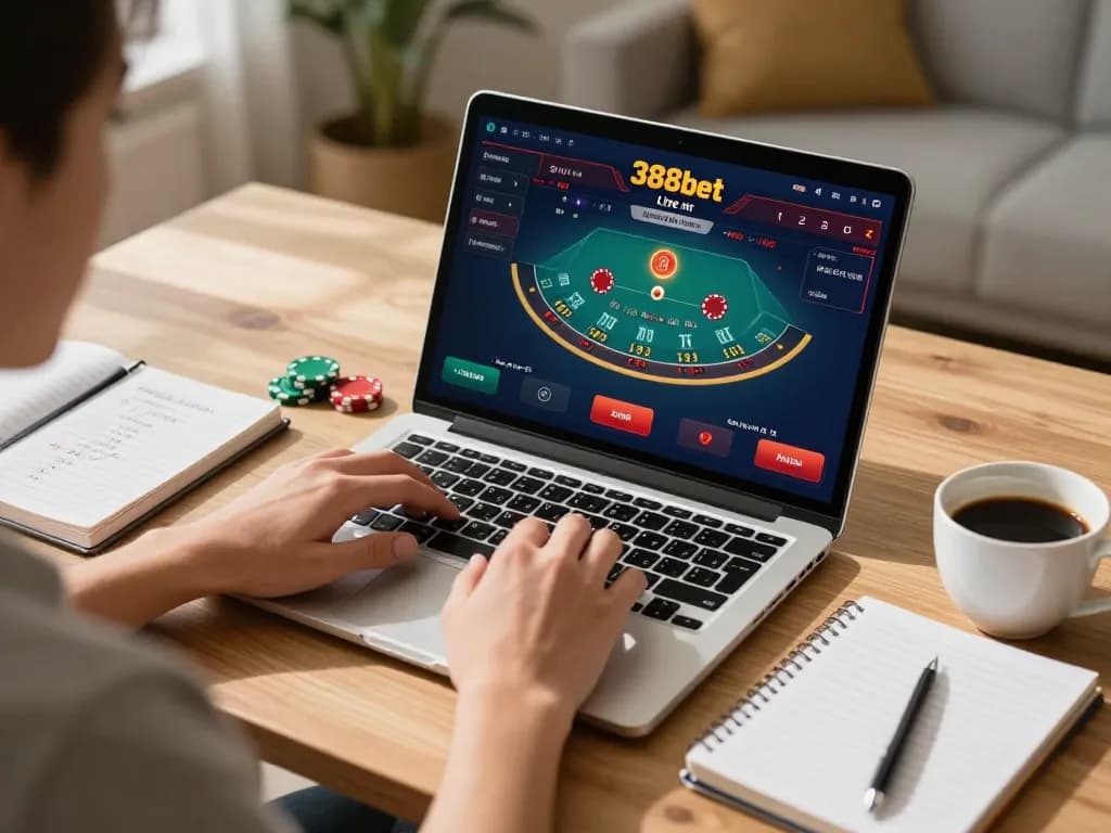A player engaging with live dealer blackjack at 388bet from their home office, showcasing a strategic setup.