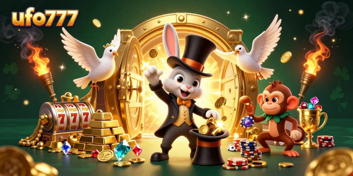Experience excitement with ufo777 as a magician pulls coins in a vibrant casino scene.