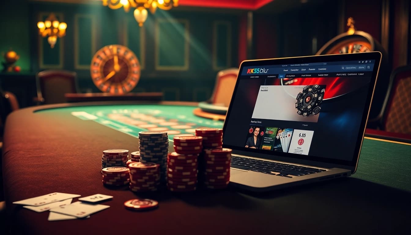 Experience thrilling poker gameplay at KK55.blue with vibrant chips, cards, and luxury ambiance.