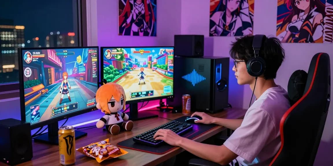 Engaged gamer immersed in hentai games, vibrant visuals on multiple screens, cozy room atmosphere.