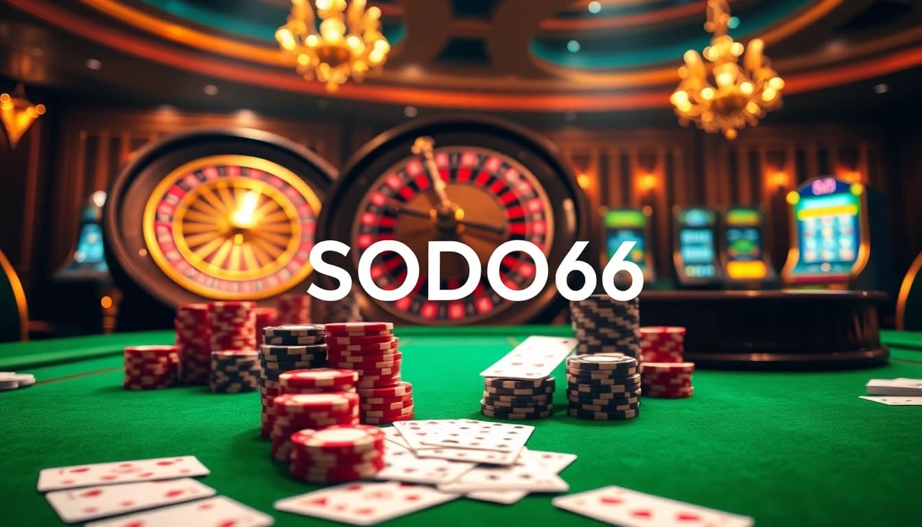 Engage in thrilling online bets at SODO66 with a vibrant casino setup featuring poker chips and a roulette wheel.