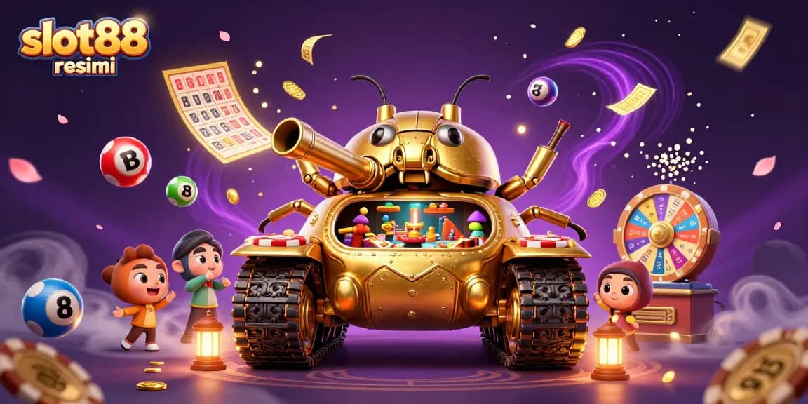 Permainan slot88 resmi dengan mesin slot menang, dikelilingi bola lotere berwarna-warni dan efek kejutan!