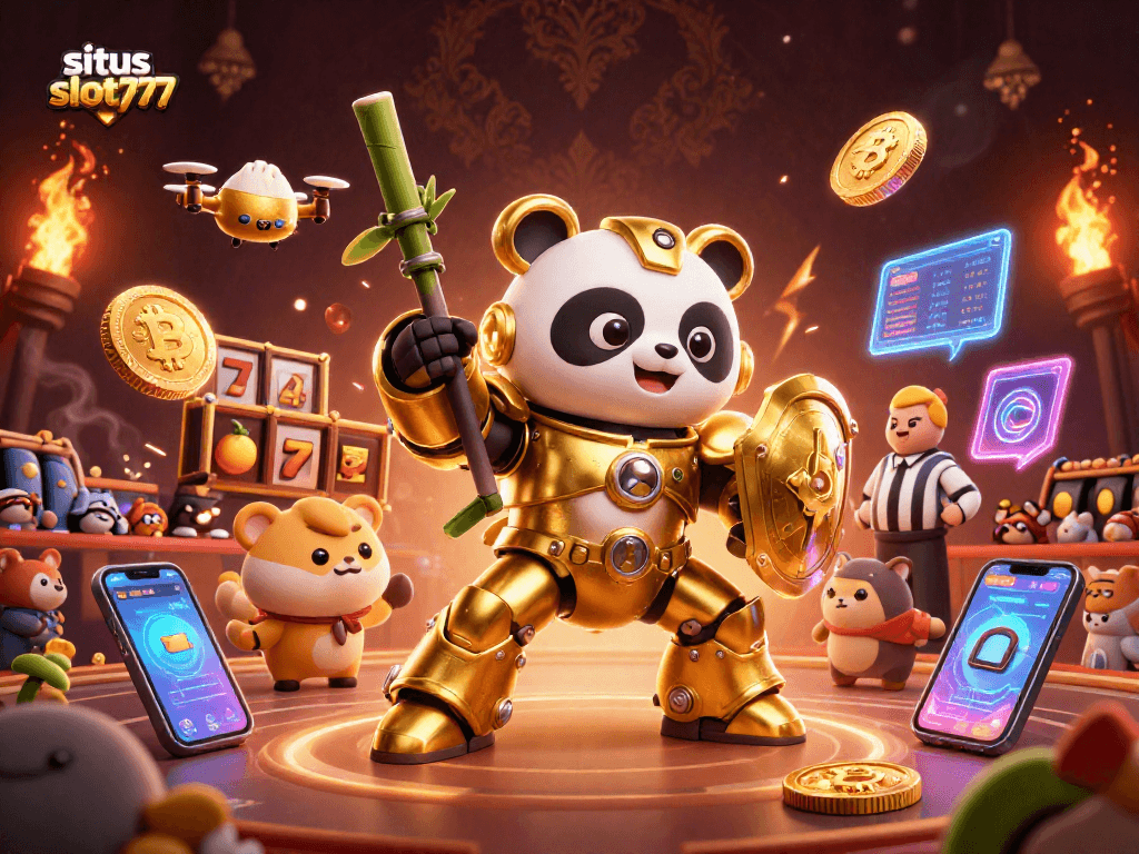 Experience the excitement at situs slot777 with a golden panda hero and dynamic slot games.