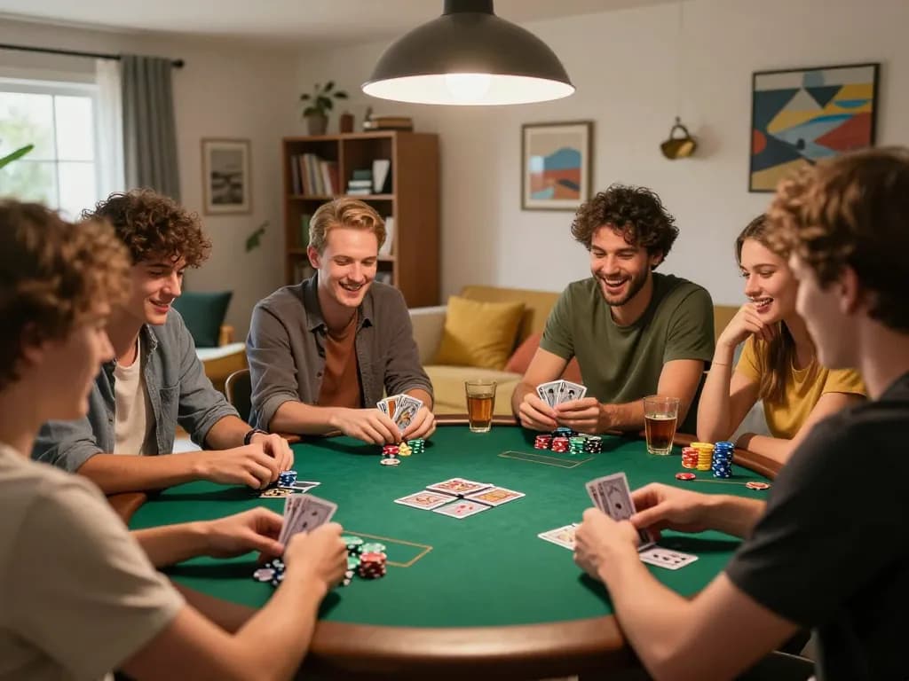 Friends enjoying a competitive poker game at home, showcasing strategies and fun moments, captured in casinoatlas scene.