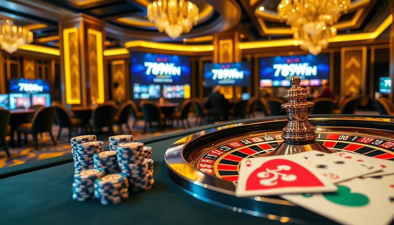 Experience thrilling gameplay with 789WIN at a luxurious casino table featuring vibrant poker chips and roulette.