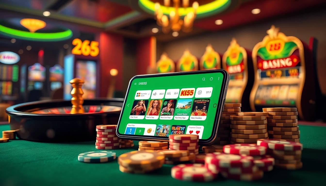 Experience the thrill of Nhà cái KK55 with immersive online gambling visuals, highlighting casino games and betting strategies.