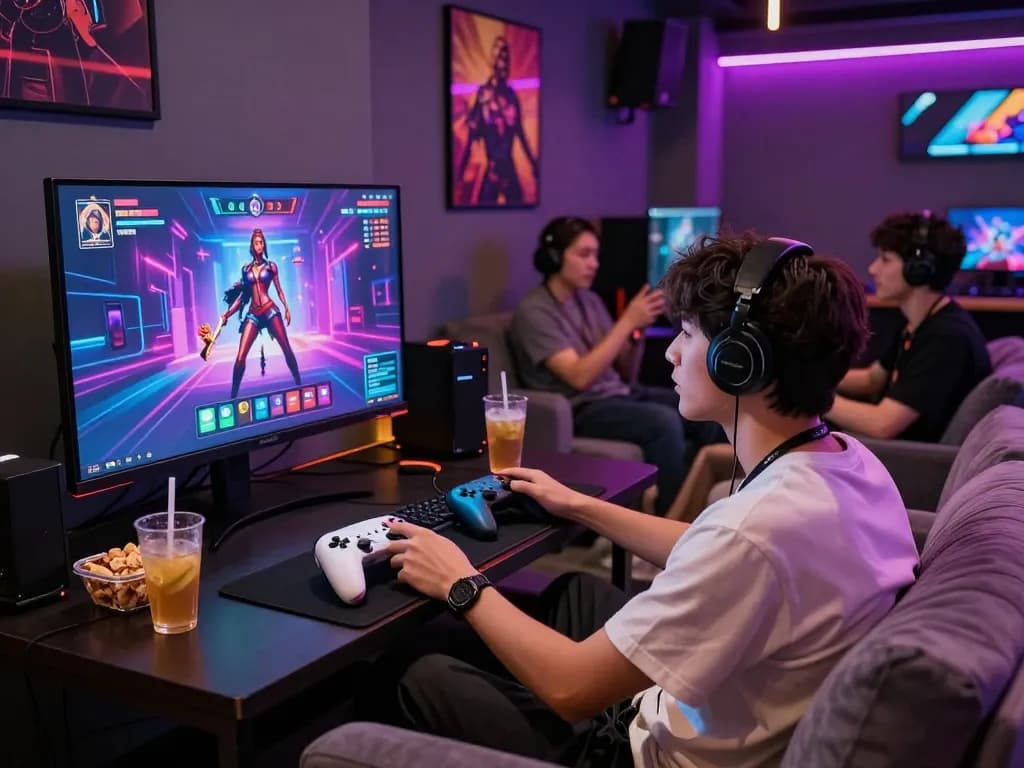Engaged player in a gaming lounge enjoying a sex game on a large screen with friends.