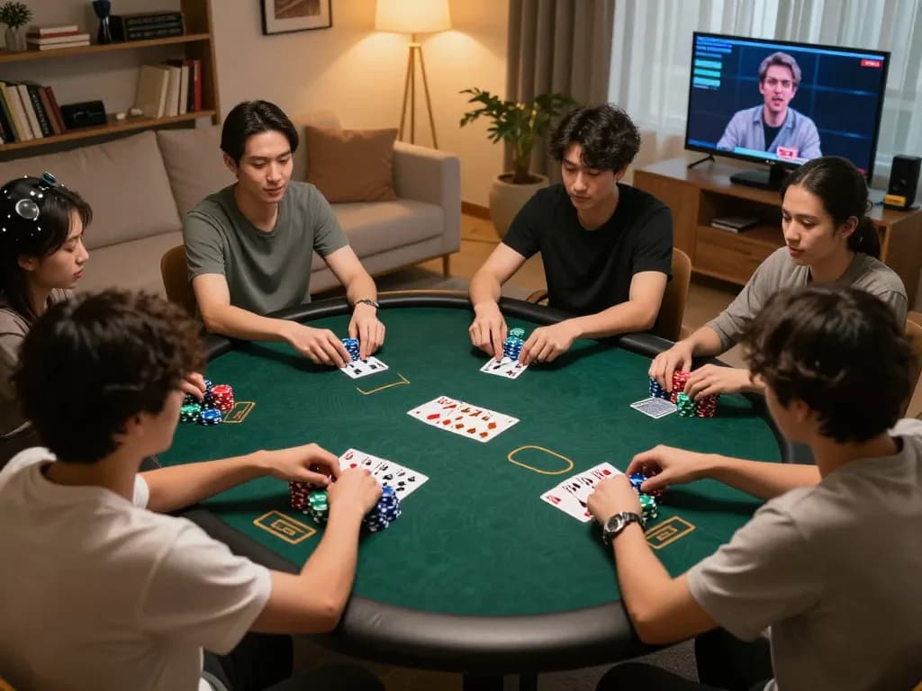 Hitclub players engaged in online poker, showcasing strategy and excitement in a modern home.