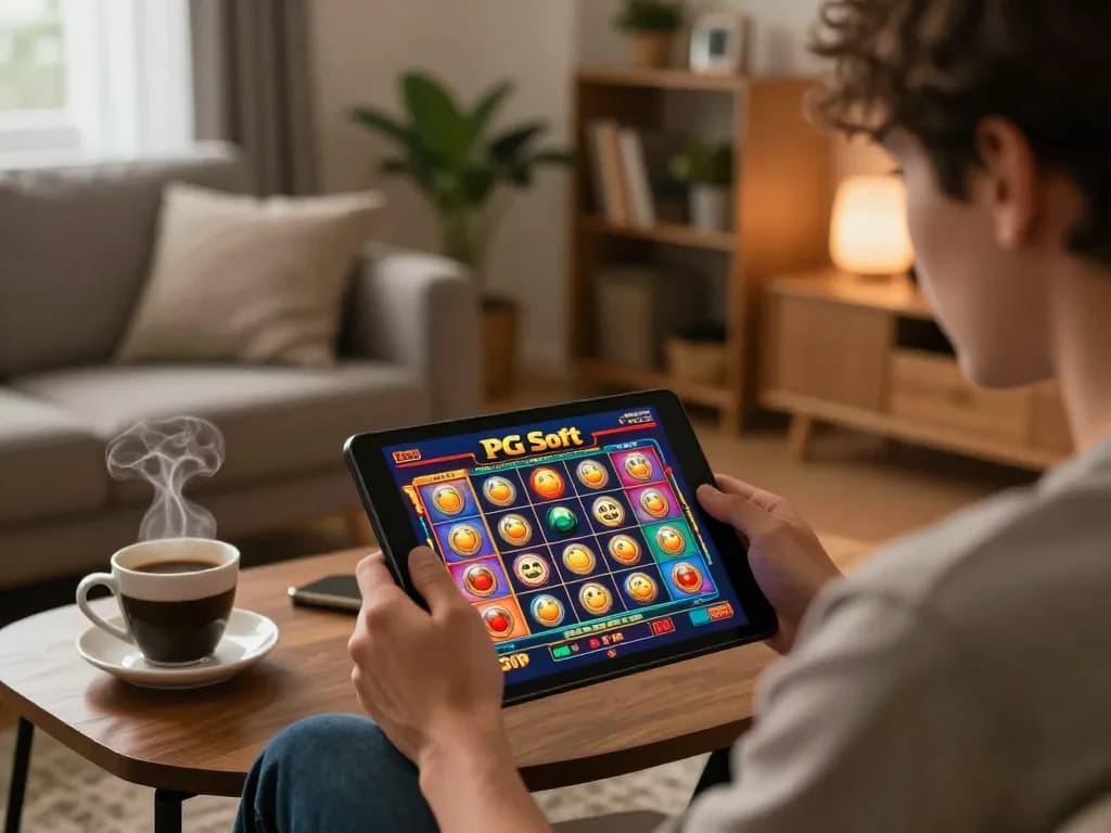 Permainan yang menarik pada Demo Slot PG Soft Mirip Asli ditampilkan di tablet dalam suasana rumah yang nyaman.