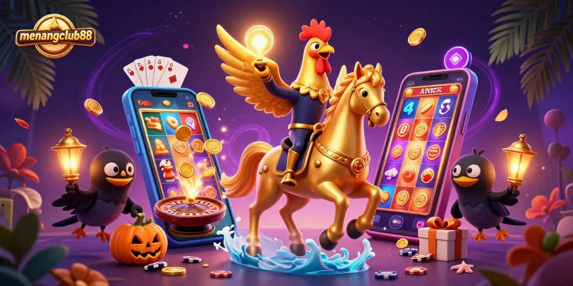 Experience the excitement of menangclub88 with vibrant casino-themed illustration featuring a golden rooster.