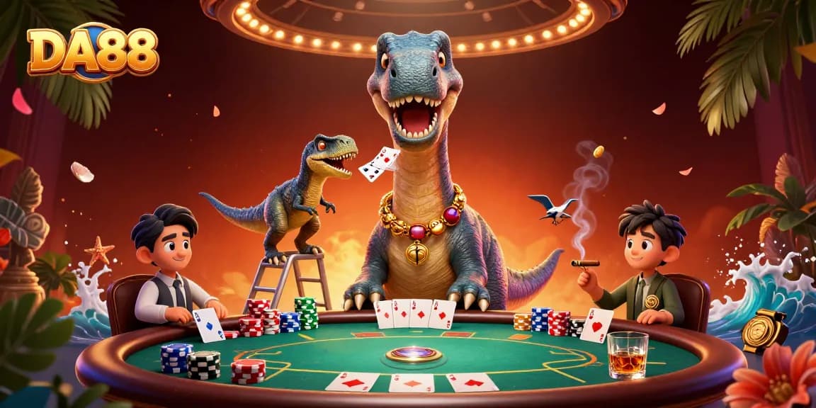 DA88 showcases a vibrant brontosaurus and raptor in a lively casino poker scene.