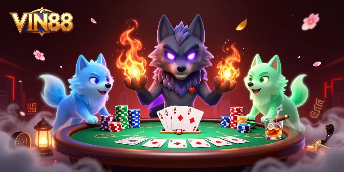 Experience thrilling poker action with VIN88 as ghostly wolves guard the table in this vibrant scene.