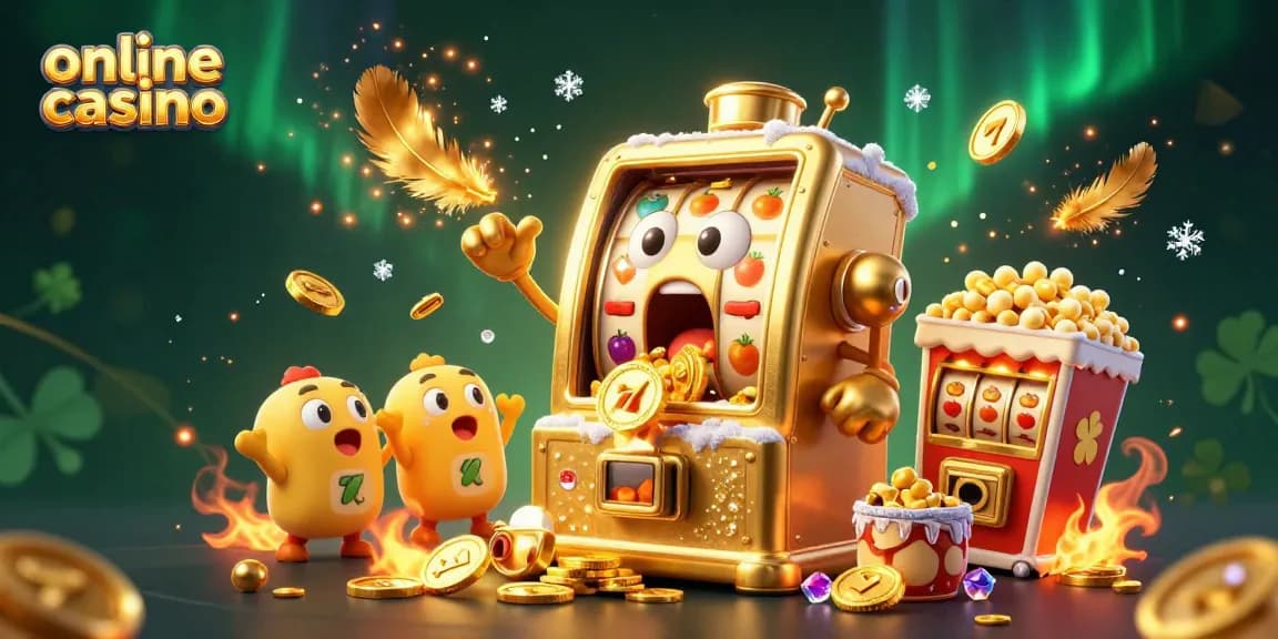 Engaging online casino scene with a golden jackpot slot machine celebrating wins amid coins and festive elements.