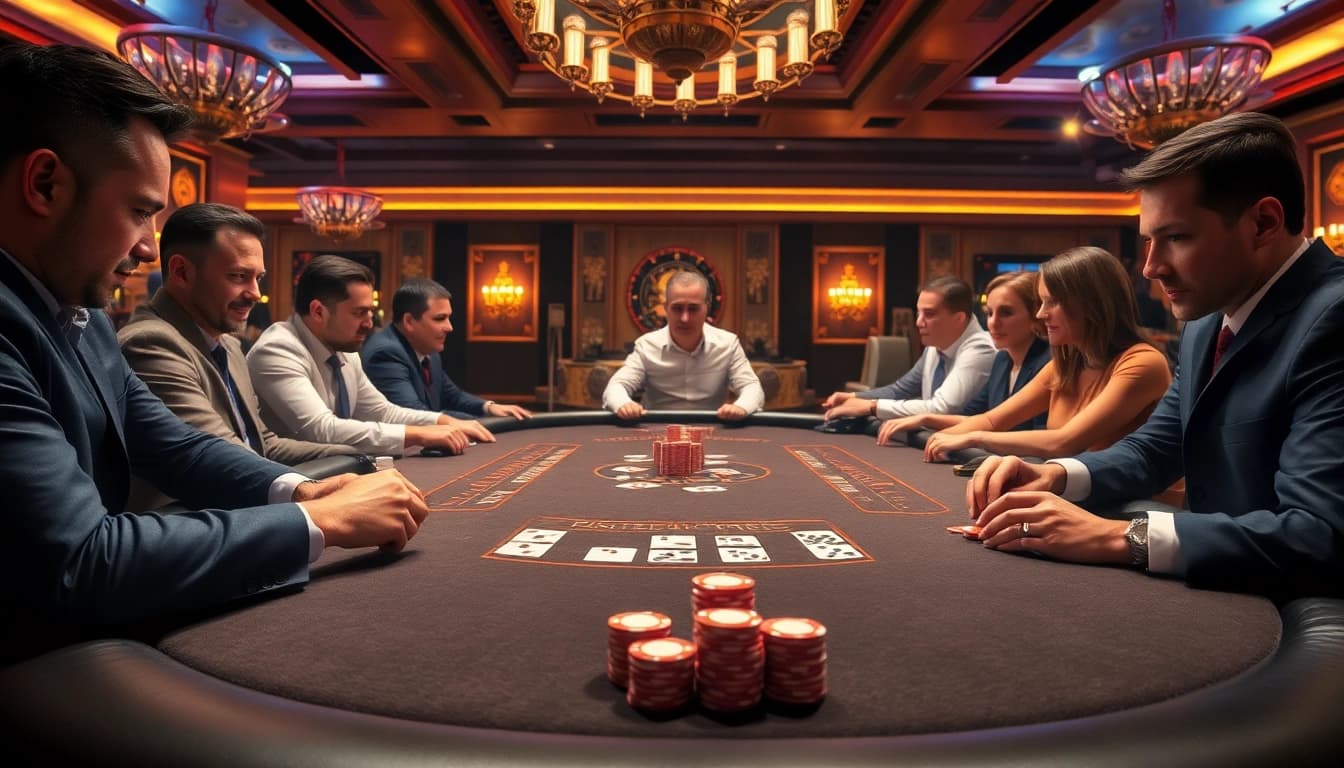 Steigende Spannung bei casinospielen.de am Poker-Tisch mit Fokus auf Spieler und Chips.