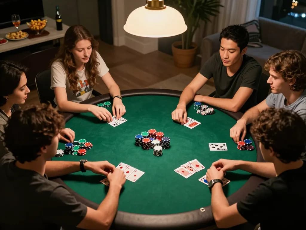 Friends enjoying a poker game night at home, highlighting competitive spirit in nhacaiuytin.