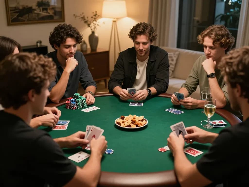 hm 88 players enjoying a friendly home poker game, chips and cards creating an exciting atmosphere