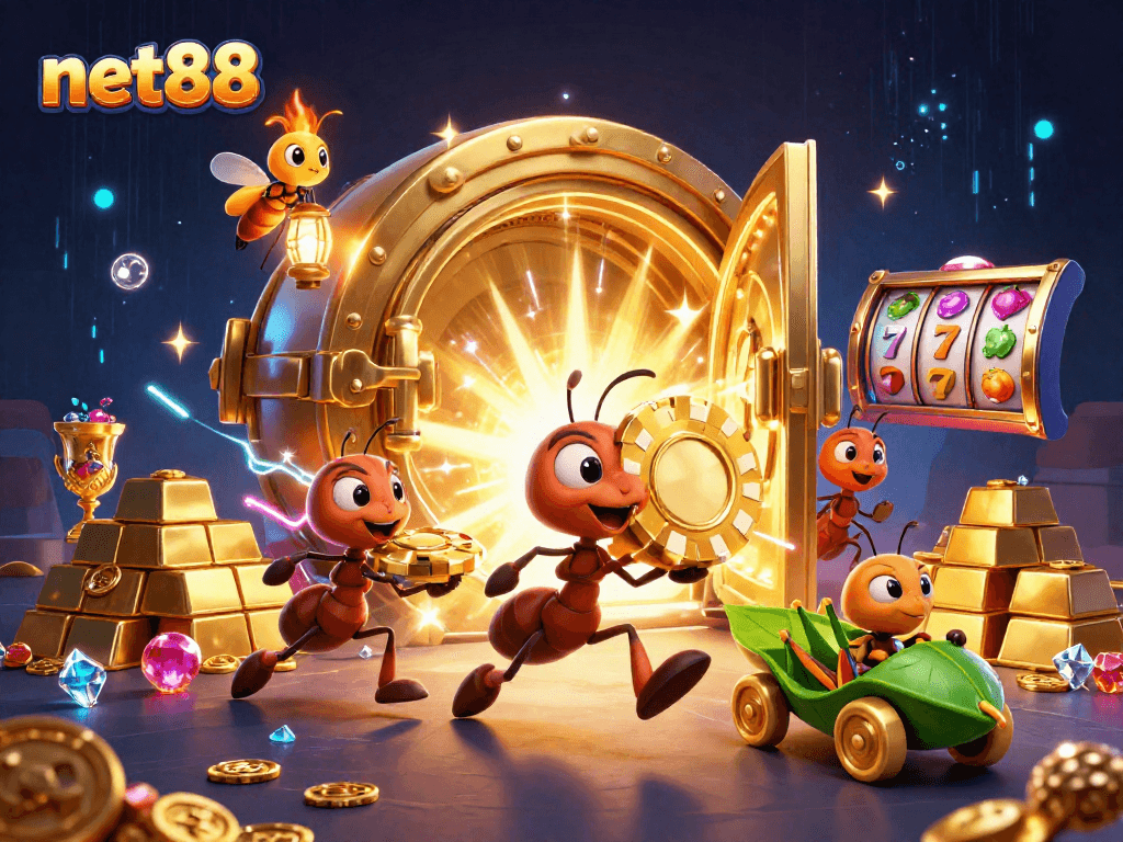Experience an epic heist in net88 as ants carry a giant poker chip through a vibrant casino tunnel.