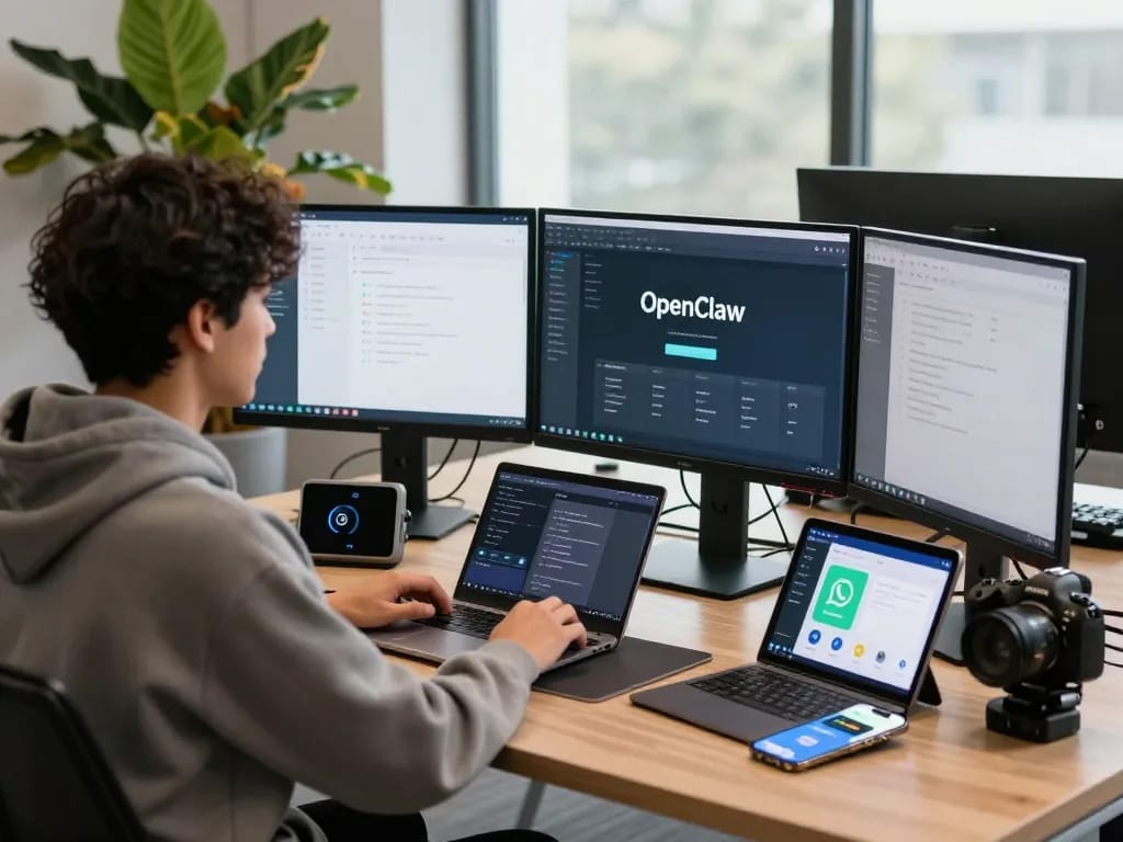 Engaging workspace showcasing OpenClaw AI on touchscreen, vibrant atmosphere.