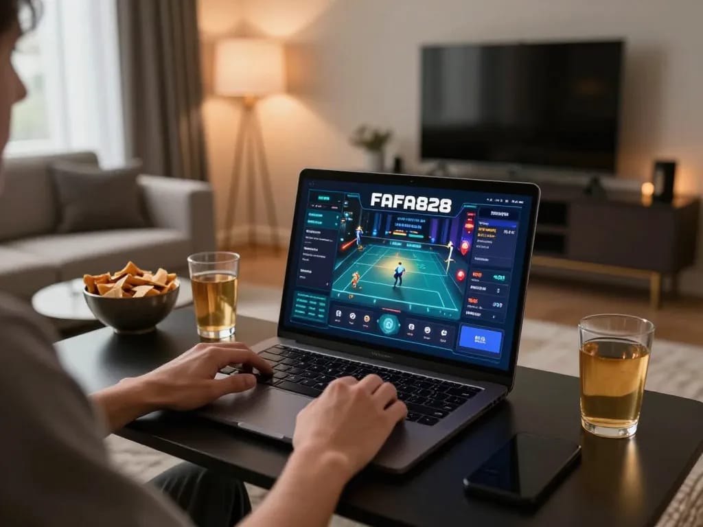 Engaging gameplay on FAFA828 platform displayed on laptop, creating a cozy online gambling experience.
