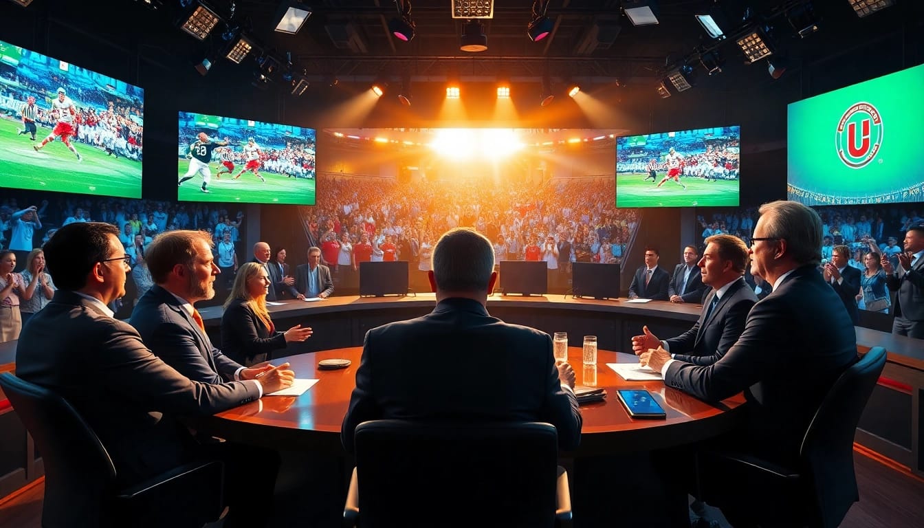 Engaging scene of sports broadcasting studio with hosts discussing live sports events.