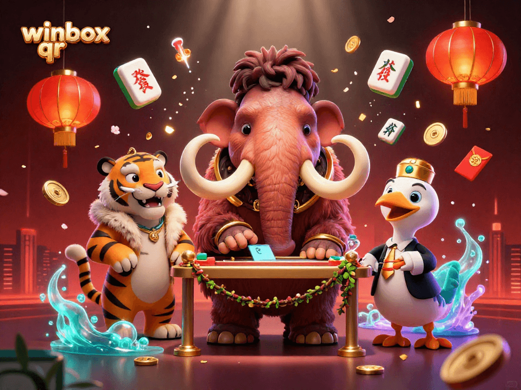 Engage with winbox qr at a vibrant casino scene with lively characters and festive elements.