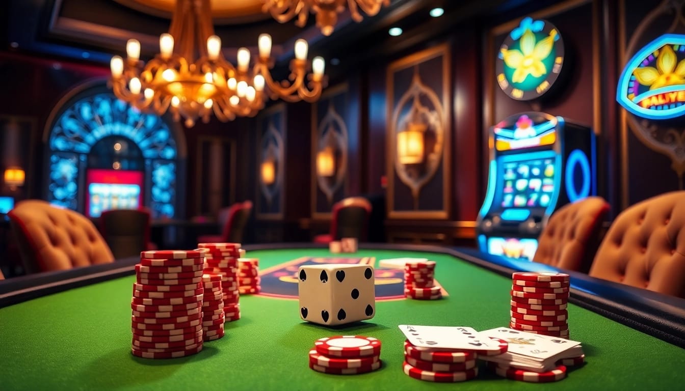 Engaging gaming scene at FLY88 with poker chips, dice, and vibrant casino atmosphere.
