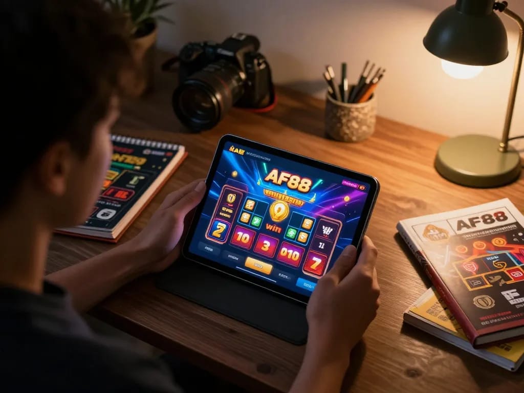 Player engaged in AF88 win online gaming session with colorful graphics displayed on tablet.