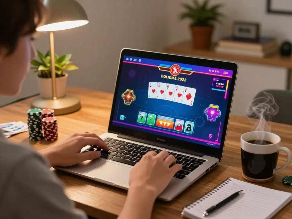 Engaging in a thrilling online poker session on a laptop at home for open 88