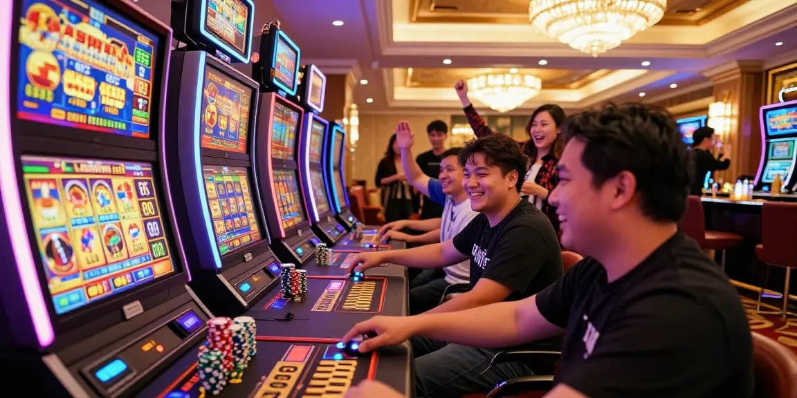 Engaged players at pajaktoto rtp slot machines in a vibrant casino environment.