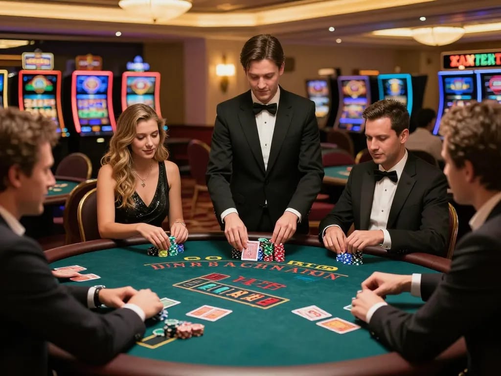 Engaging baccarat scene showcasing players using free credit baccarat at a luxury casino table with a professional dealer.