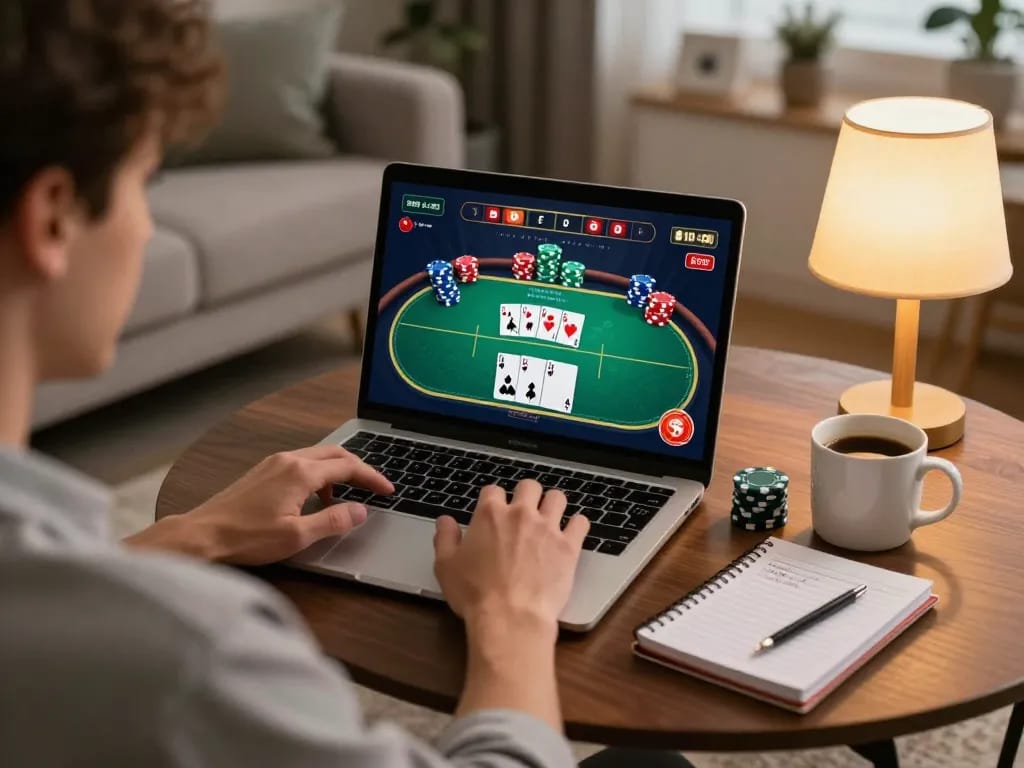 Player enjoying an online poker game on ok365 in a cozy living room setting, emphasizing strategic gameplay.