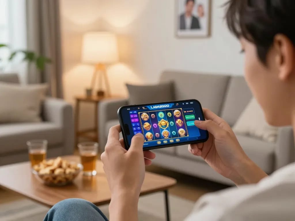 LIGA2000 player engaging with live gaming on smartphone, cozy environment with snacks.