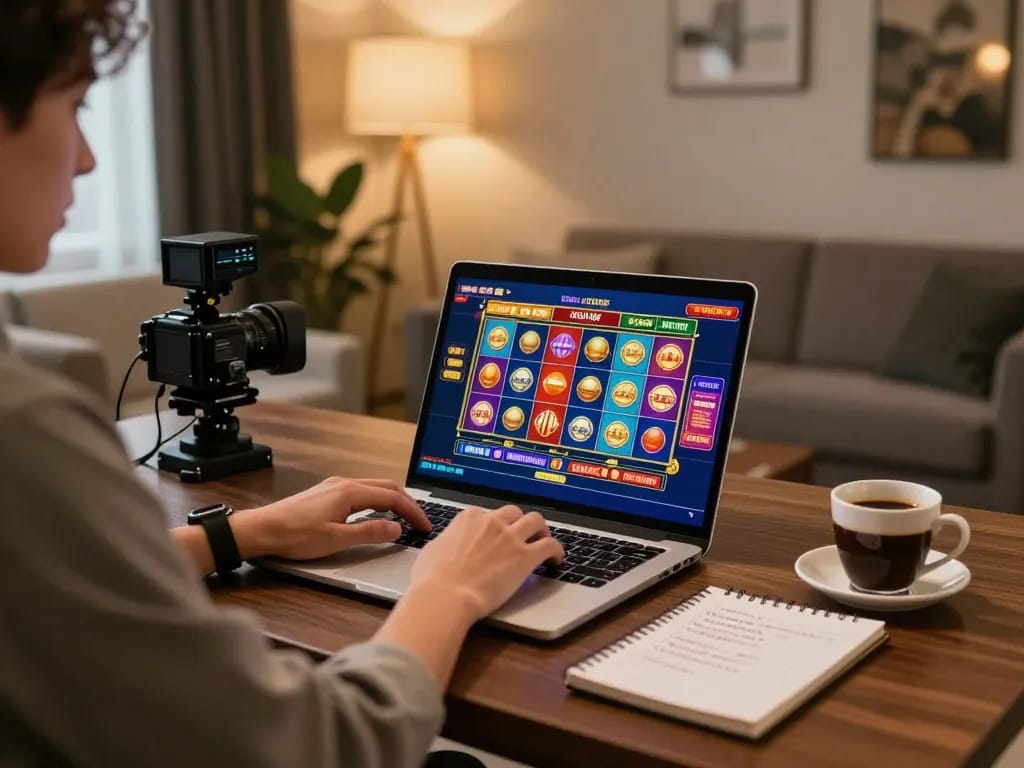 Engaging in online casino gaming with TR88 bet, showcasing a vibrant slots interface on a laptop.