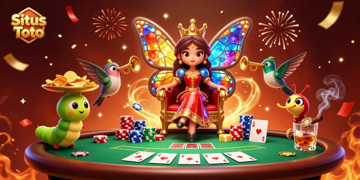 Gambarkan keberuntungan di Situs Toto dengan ilustrasi putri kupu-kupu 3D yang dikelilingi tumpukan chip dan meja poker