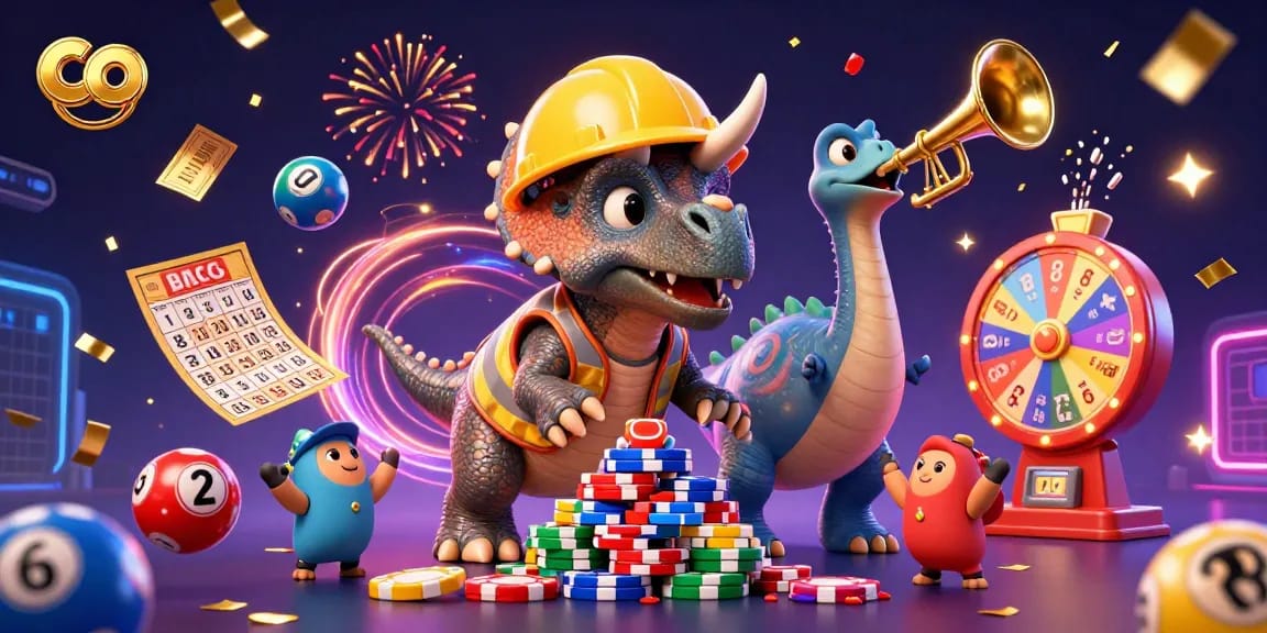 Engage in bonus buy slots with co, featuring dinosaurs celebrating casino wins amidst vibrant game elements.