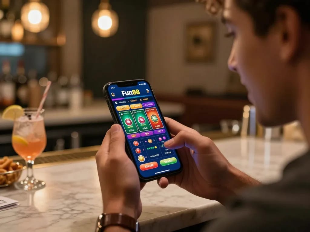 Player enjoying fun88 mobile app, showcasing exciting live betting and casino games at home.