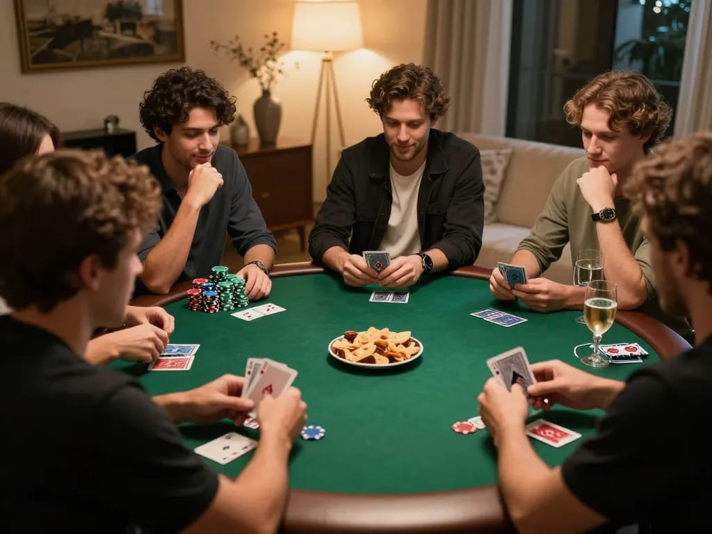 hm 88 players enjoying a friendly home poker game, chips and cards creating an exciting atmosphere
