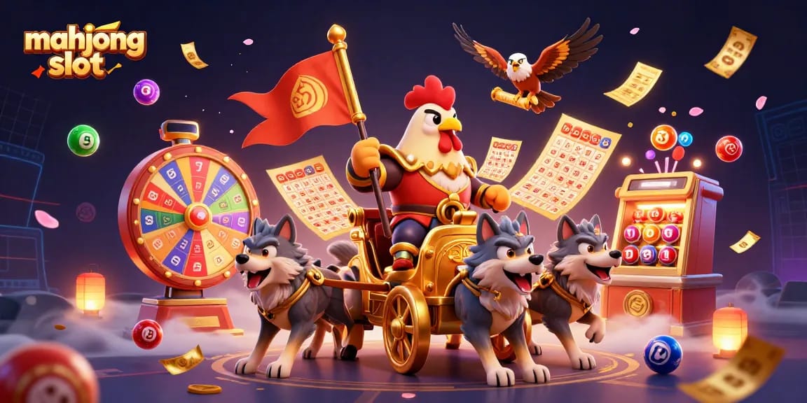 Experience mahjong slot excitement with a dynamic casino illustration featuring vibrant game elements.