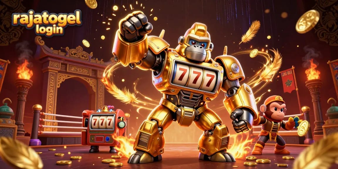 Engage with rajatogel login for a thrilling gaming adventure featuring a dynamic mech and vibrant casino elements.