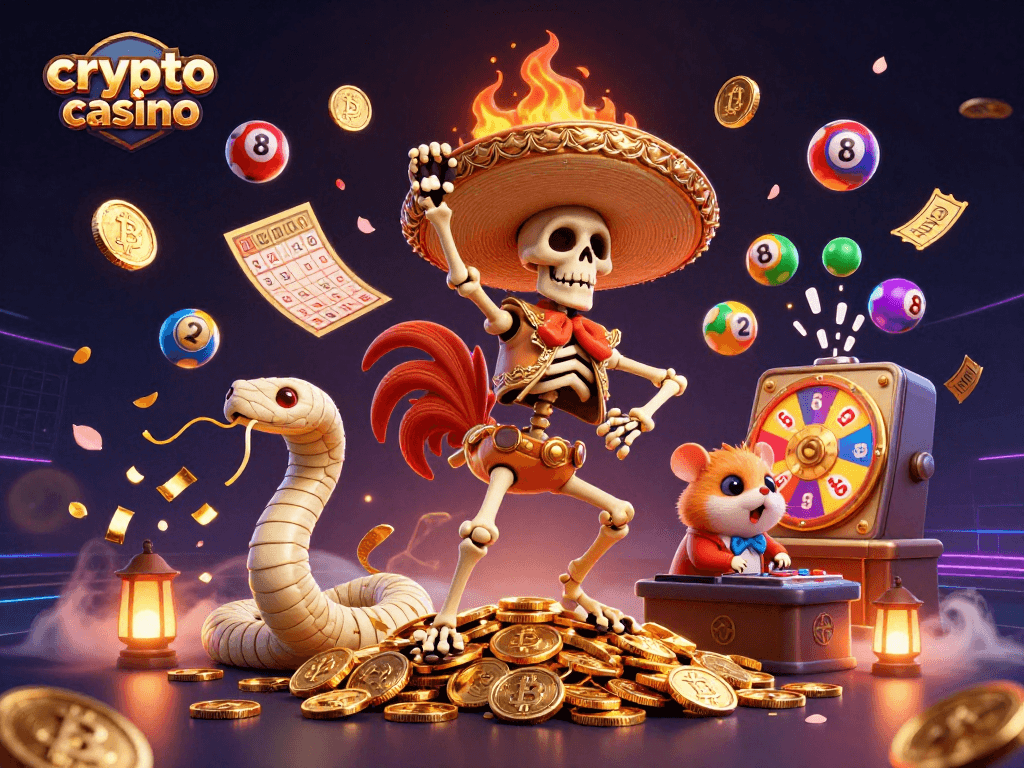 Engage with the thrilling crypto casino experience through vibrant elements and lively characters.