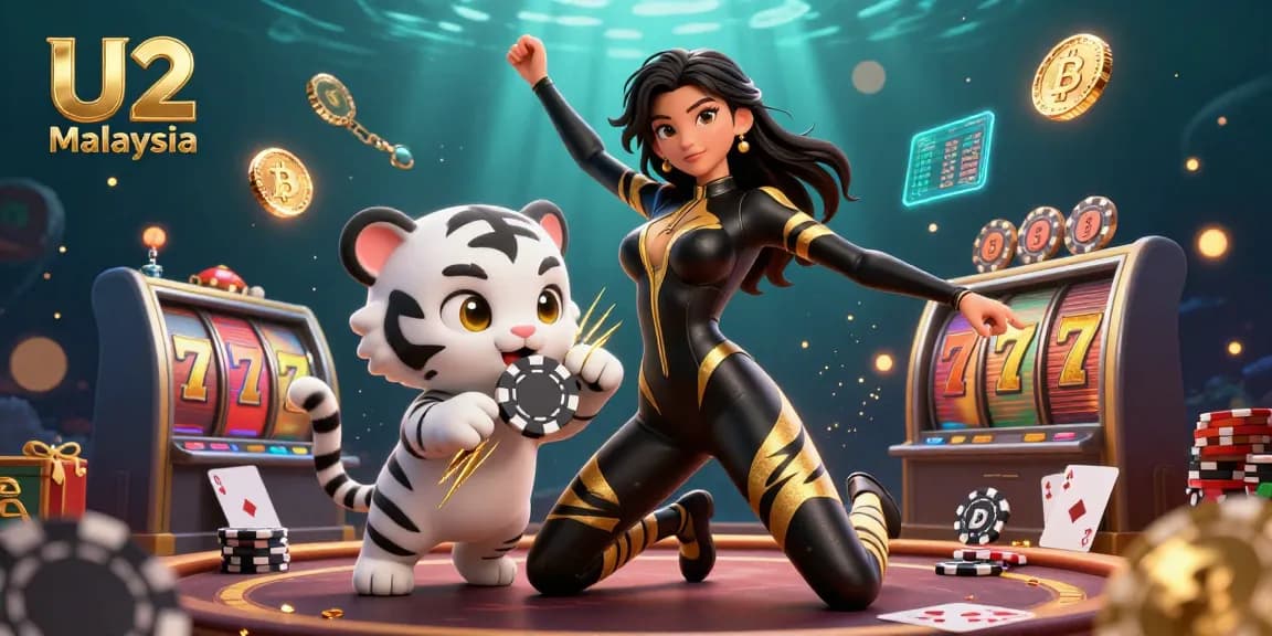 Engage in thrilling slot games at U2 Malaysia with our vibrant 3D casino illustration combining dynamic characters and crypto elements.