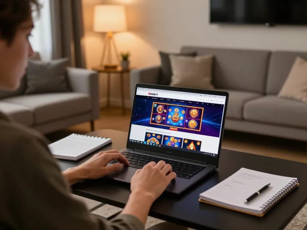 Player engaging with wstar77 slot games on a laptop at home, showcasing vibrant online gaming atmosphere.