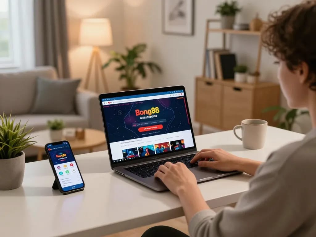Bong88 user engaging in online gaming on a sleek laptop at home, showcasing responsible gaming atmosphere