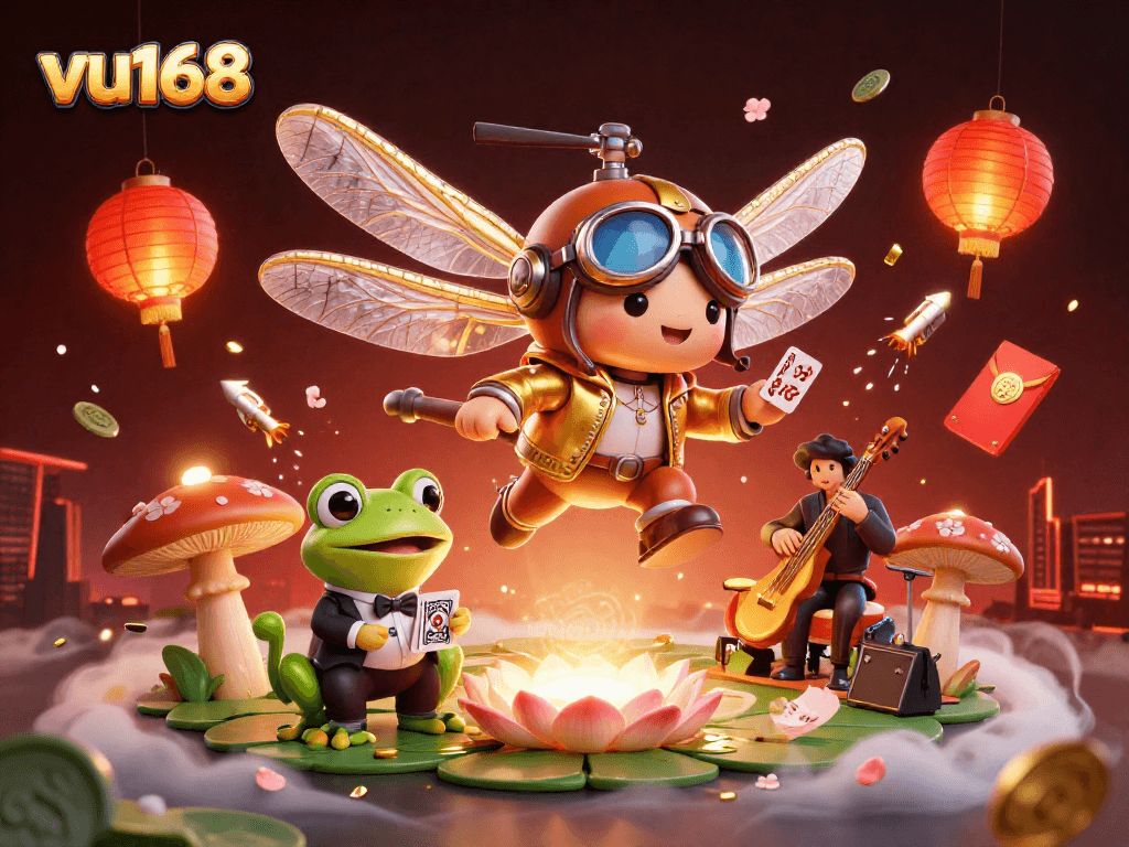Experience the exciting world of vu168 with a vibrant 3D illustration of a dragonfly pilot, frog croupier, and live musicians.