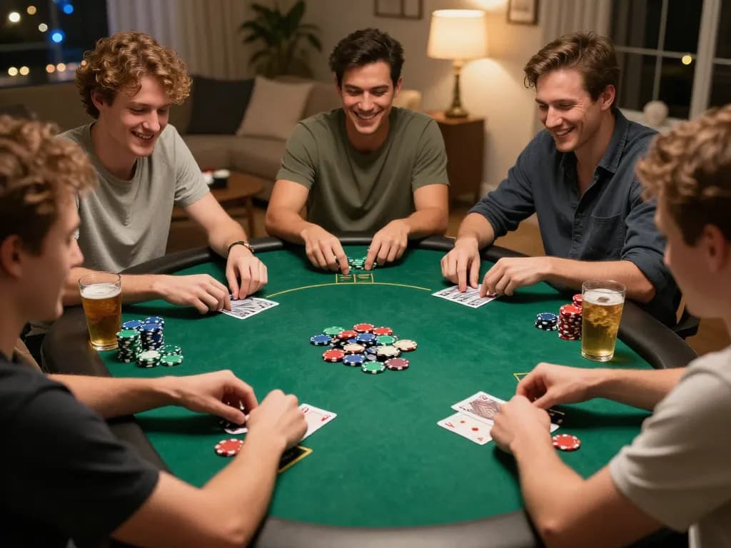 33win poker game night with friends, vibrant chips and cards in action, creating a lively atmosphere.