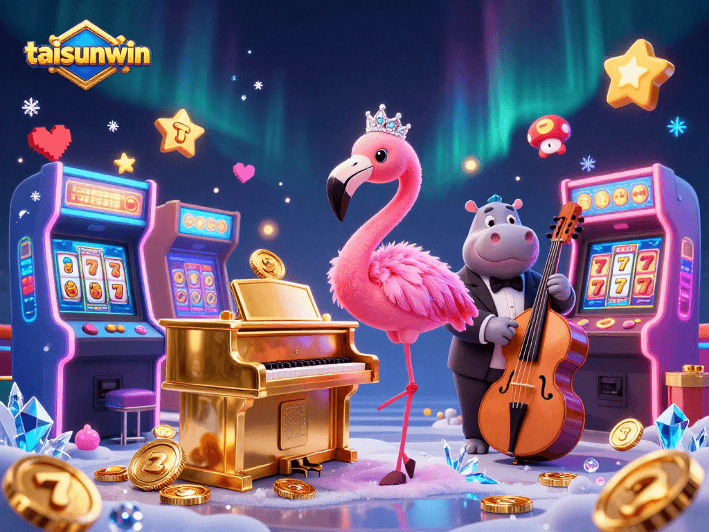 Taisunwin’s vibrant casino scene showcases a flamingo singer and hippo bassist among slot elements.