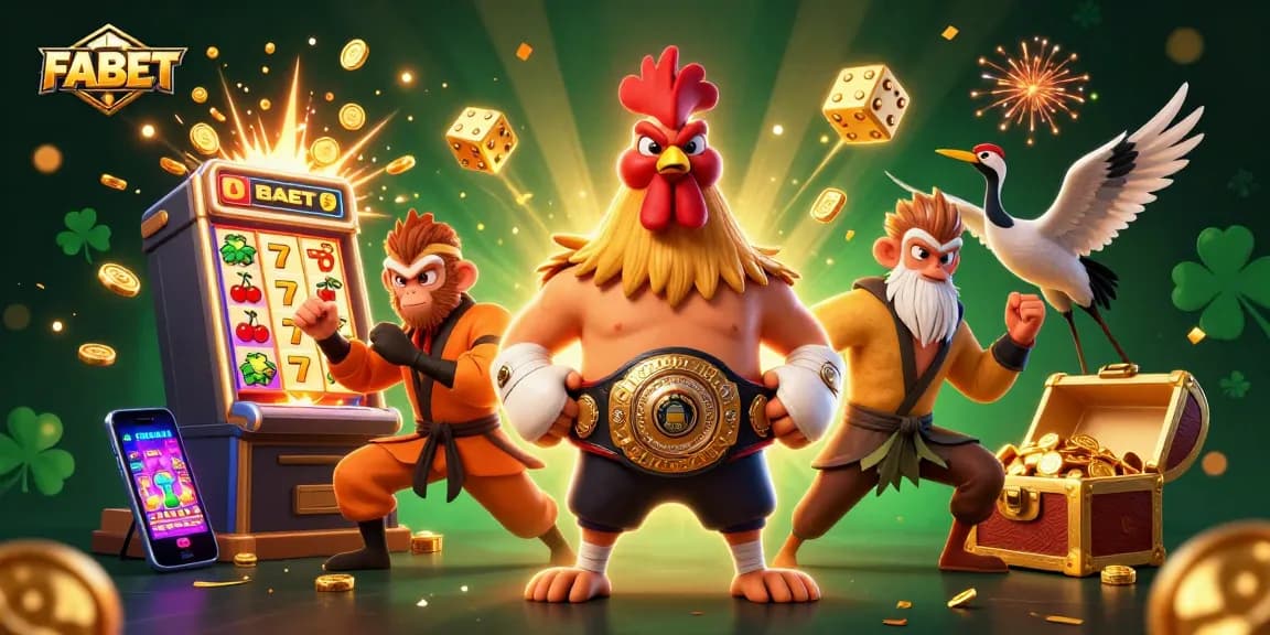 FABET's thrilling 3D scene showcasing a Muay Thai rooster and Shaolin monkey in an explosive casino environment with jackpots and gold.