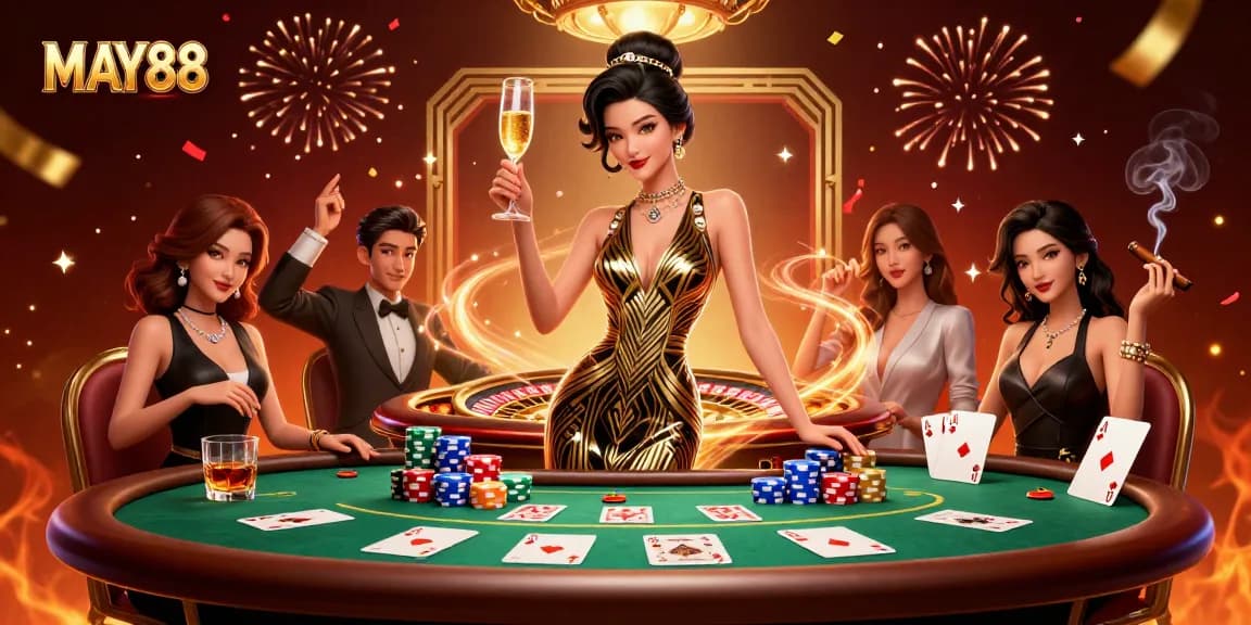 MAY88 offers a glamorous casino experience featuring poker, roulette, and vibrant celebrations.